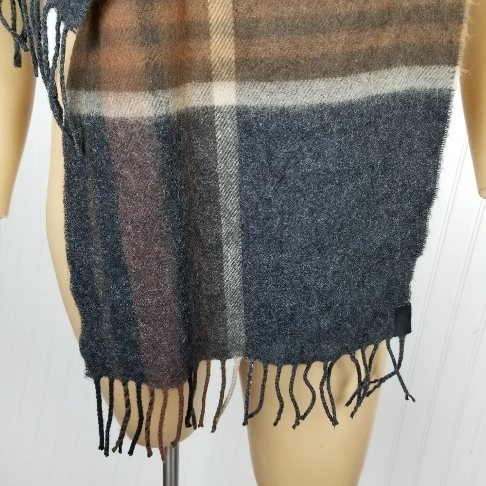 Wool Blend Plaid Fringe Scarf Black Gray Brown Unisex Neutral Vintage